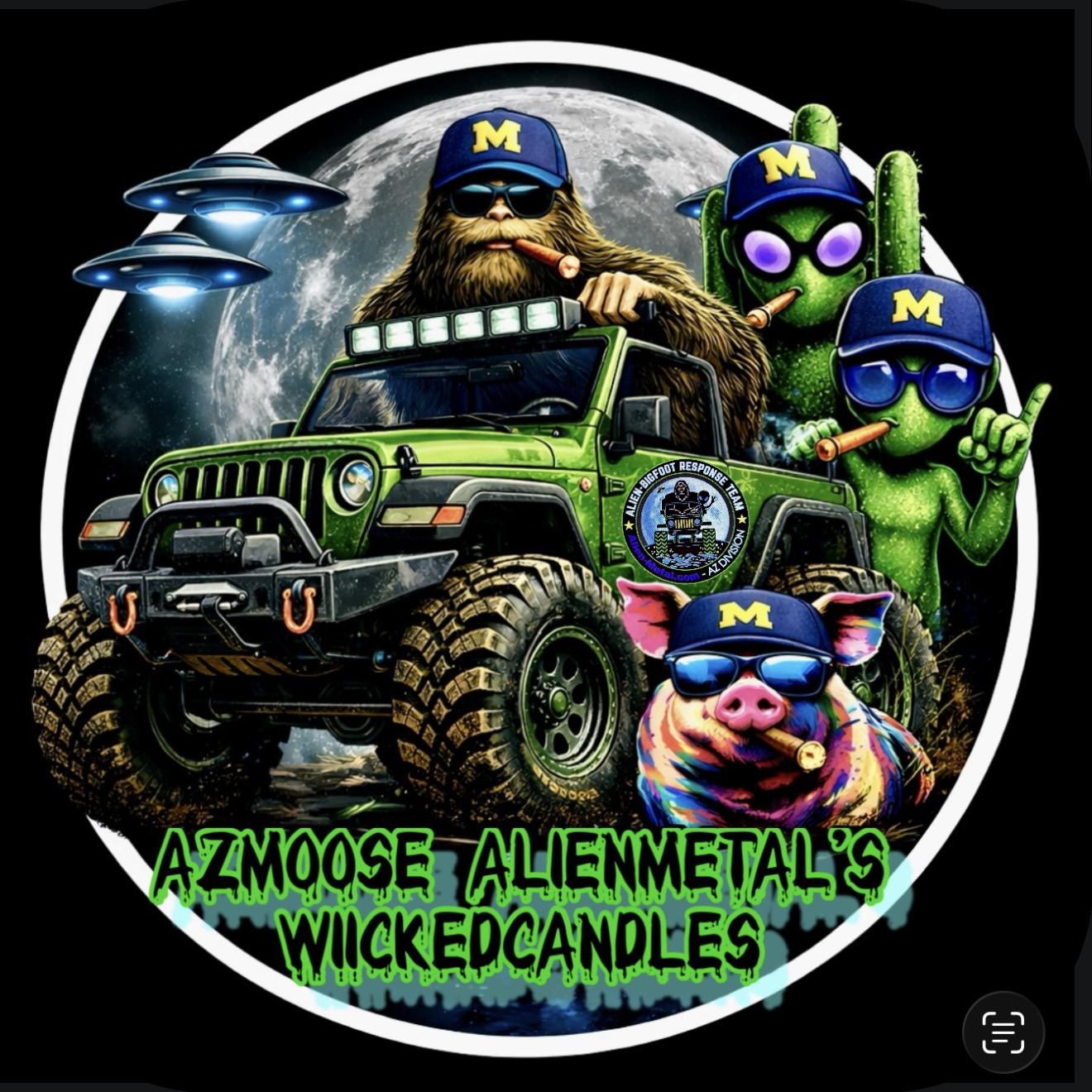 Graphic design featuring anthropomorphic animal characters with sunglasses and cigars, a green off-road vehicle, UFOs, a moon background, and the text "AZMOOSE ALIENMETAL'S WICKEDCANDLES" in green spooky font.