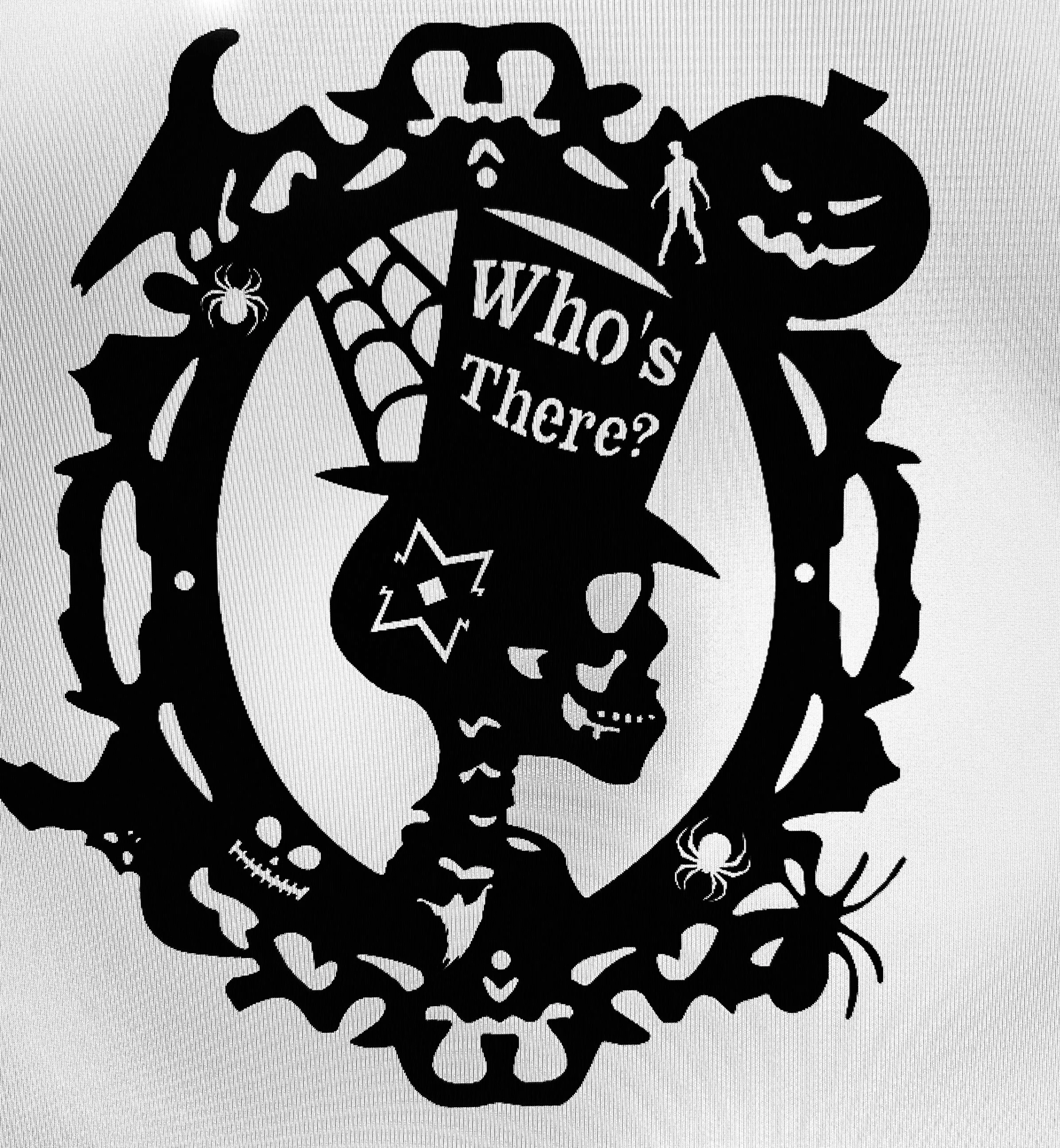 Black and white Halloween-themed illustration featuring a pumpkin with a carved face, a spider hanging from a web, a skeleton, a witch's hat, a bat, and the text 'Who's There?'