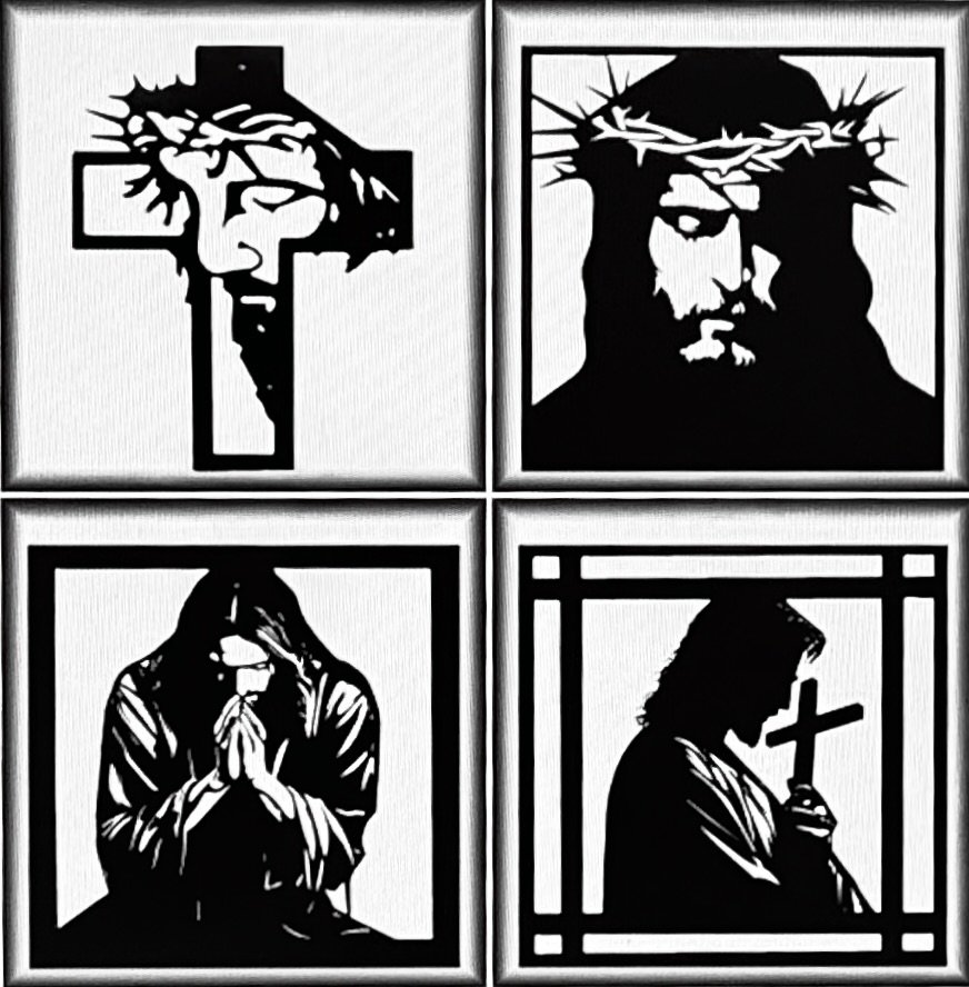 Four black and white stencil-style portraits of religious figures, including Jesus Christ with a crown of thorns, Jesus with a crown of thorns, a praying woman, and a woman holding a cross.