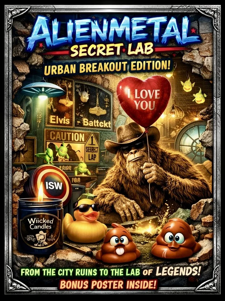 Poster for Alienmetal Secret Lab: Urban Breakout Edition, featuring a gorilla holding a heart-shaped balloon that says 'I Love You.' Decorations include rubber ducks, a lit candle labeled Wicked Candles, and various video game-themed signs and charac