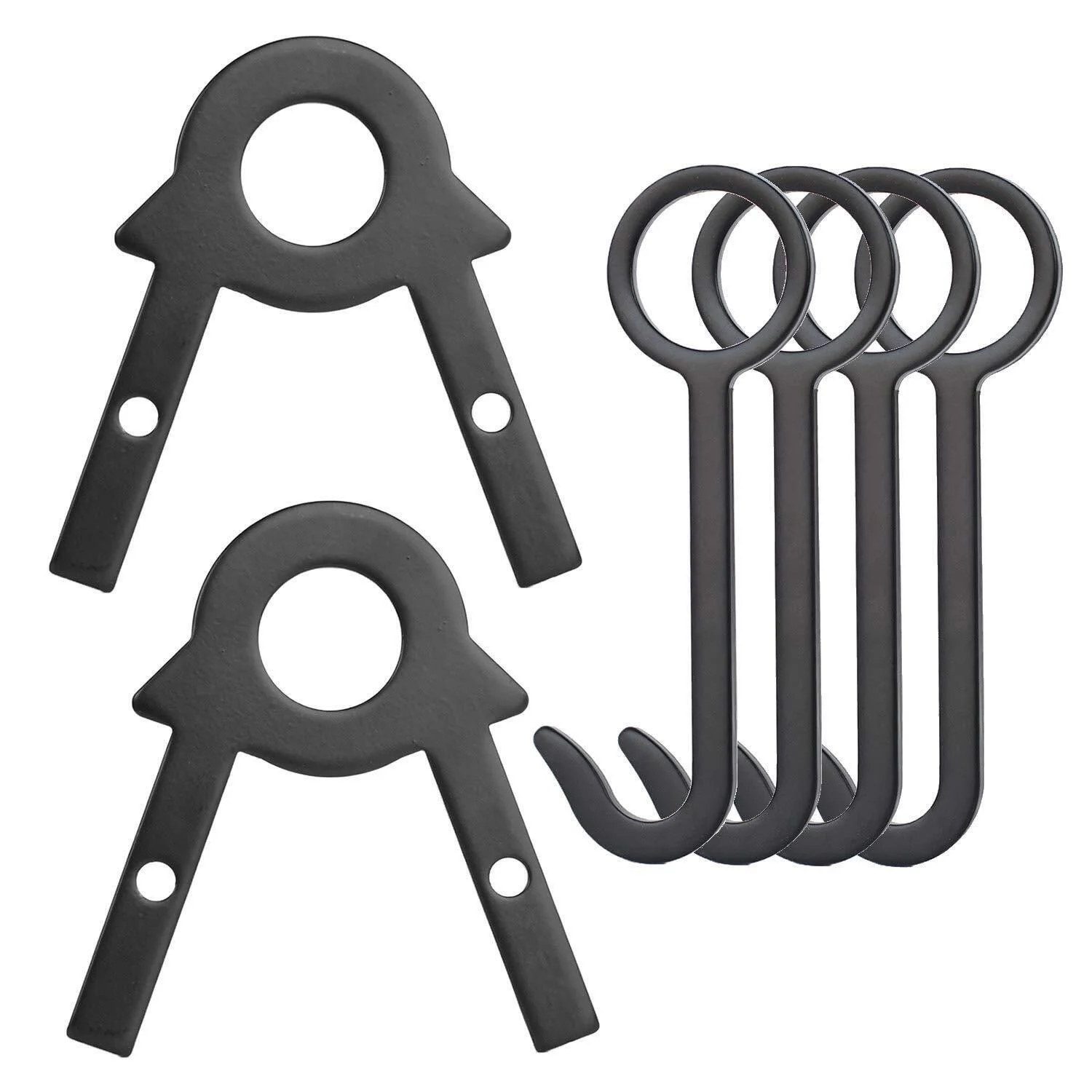 Set of black metal hooks, including three hooks with three holes each and four hooks with a circular loop on top.