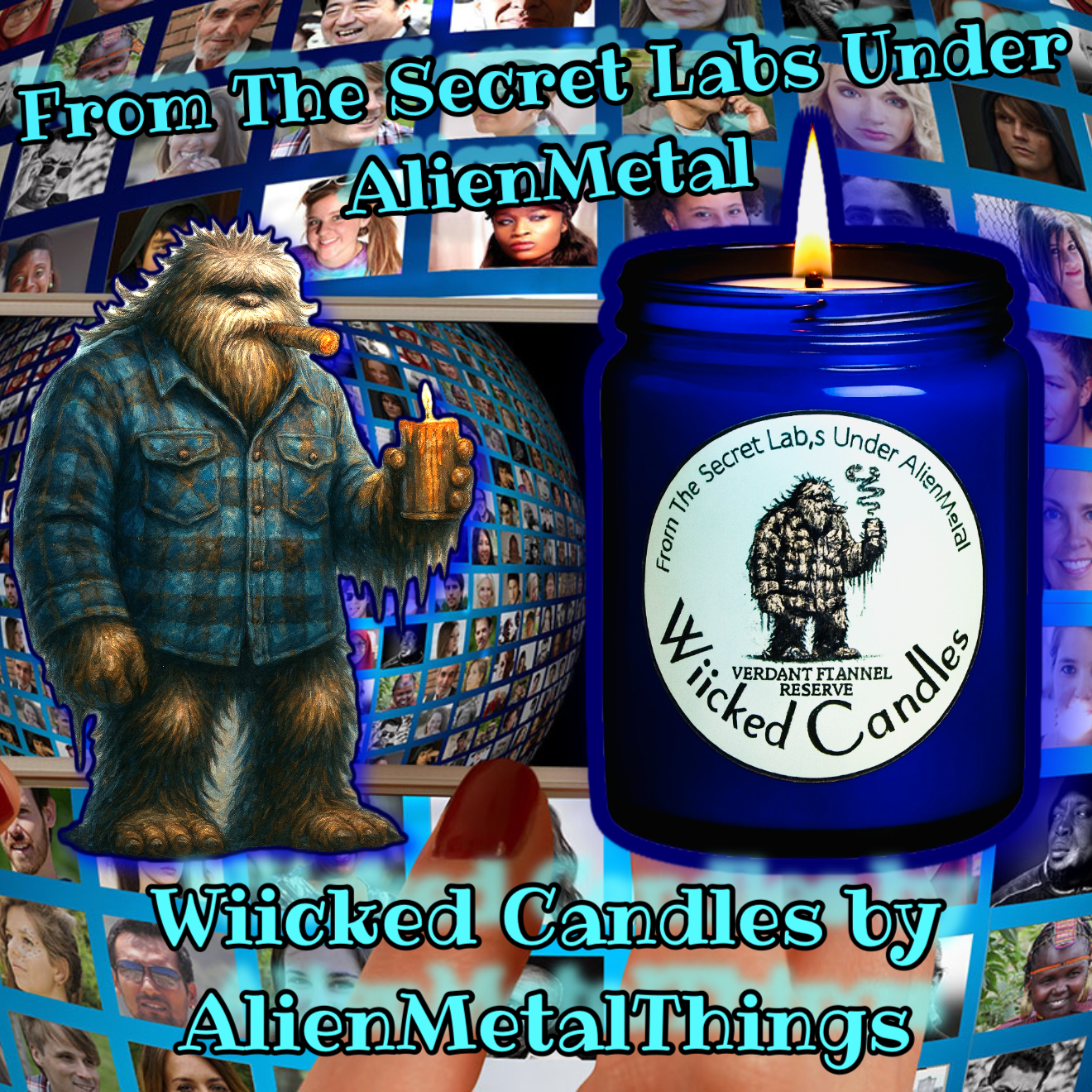 A digital collage featuring a monster resembling a yeti holding a candle, along with a large blue candle labeled 'Wicked Candles' from 'The Secret Labs Under AlienMetal', and a background of numerous small photos of diverse people. The text overlays 