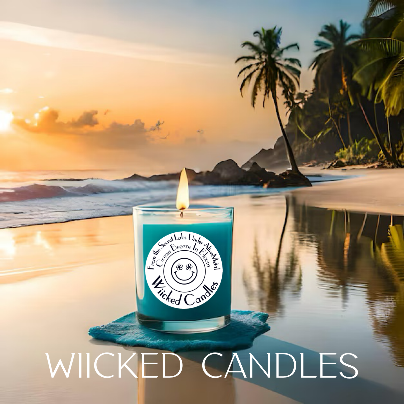 A lit teal candle with a label reading "Wicked Candles" placed on a surface near water, with a beach scene at sunset, including palm trees and rocky formations in the background.