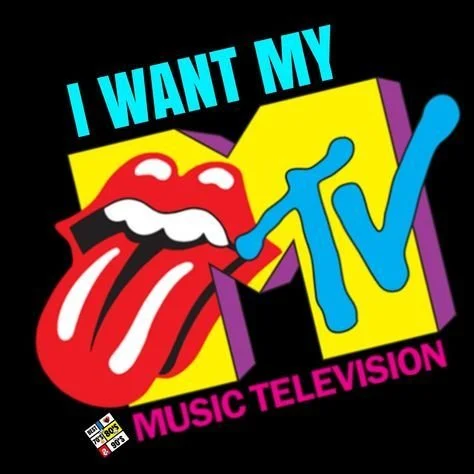 A colorful graphic featuring the phrase "I WANT MY MTV" with the MTV logo and the Rolling Stones tongue tongue logo.