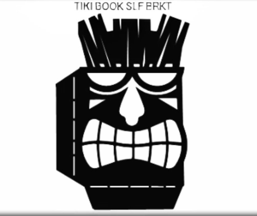 Black and white tiki mask illustration with a fierce facial expression and bold geometric shapes. Text at the top reads "TIKI BOOK SLFERKT".