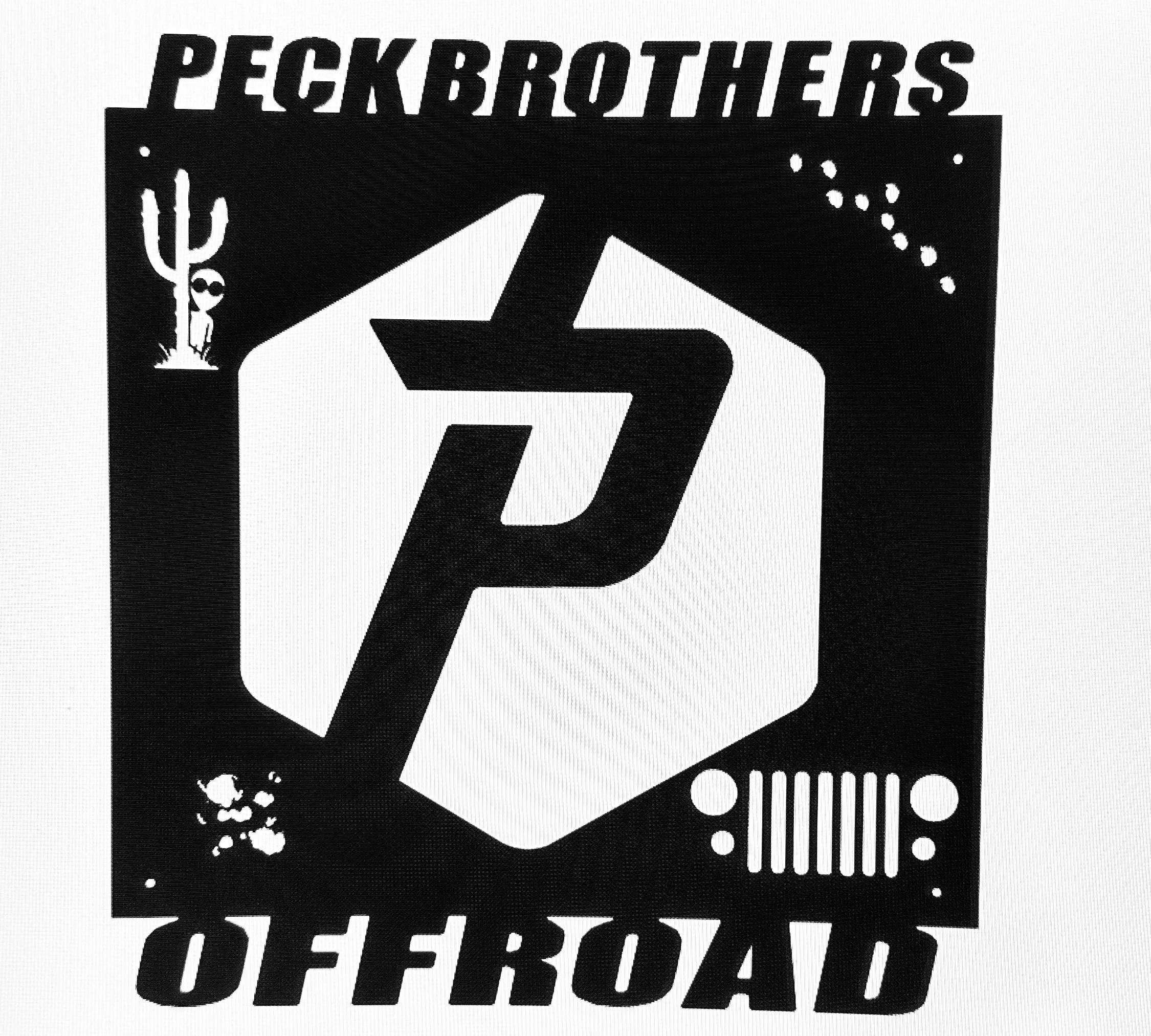 Black and white graphic featuring the words "PECK BROTHERS" at the top, a hand holding a package with the barcode at the bottom, and various dots and splatters around.