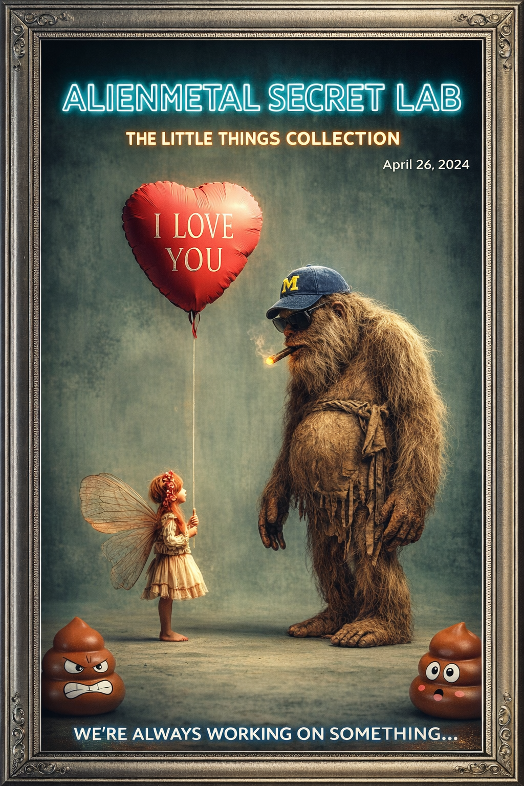 A fantasy-style poster with a fairy holding a heart-shaped balloon that says "I LOVE YOU," talking to a large, furry creature wearing a Michigan cap and sunglasses, smoking a cigar. The poster features the title "ALIENMETAL SECRET LAB: THE LITTLE THI