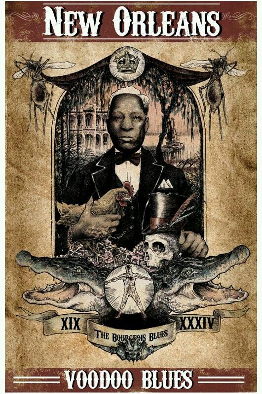 A vintage-style poster featuring a Black man in a tuxedo with a bow tie, surrounded by surreal and gothic elements including alligators, a skull, and a human figure with outstretched arms. The background depicts New Orleans architecture and a gothic 