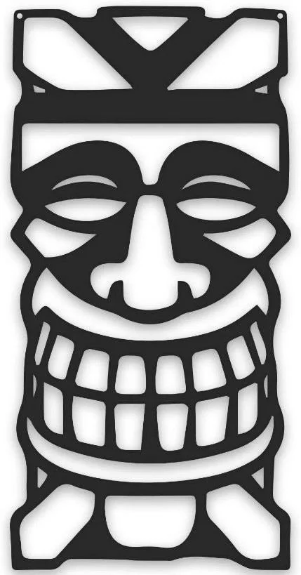 A black and white tiki mask with a smiling face, large teeth, and intricate cutout details in a paper-cut style.