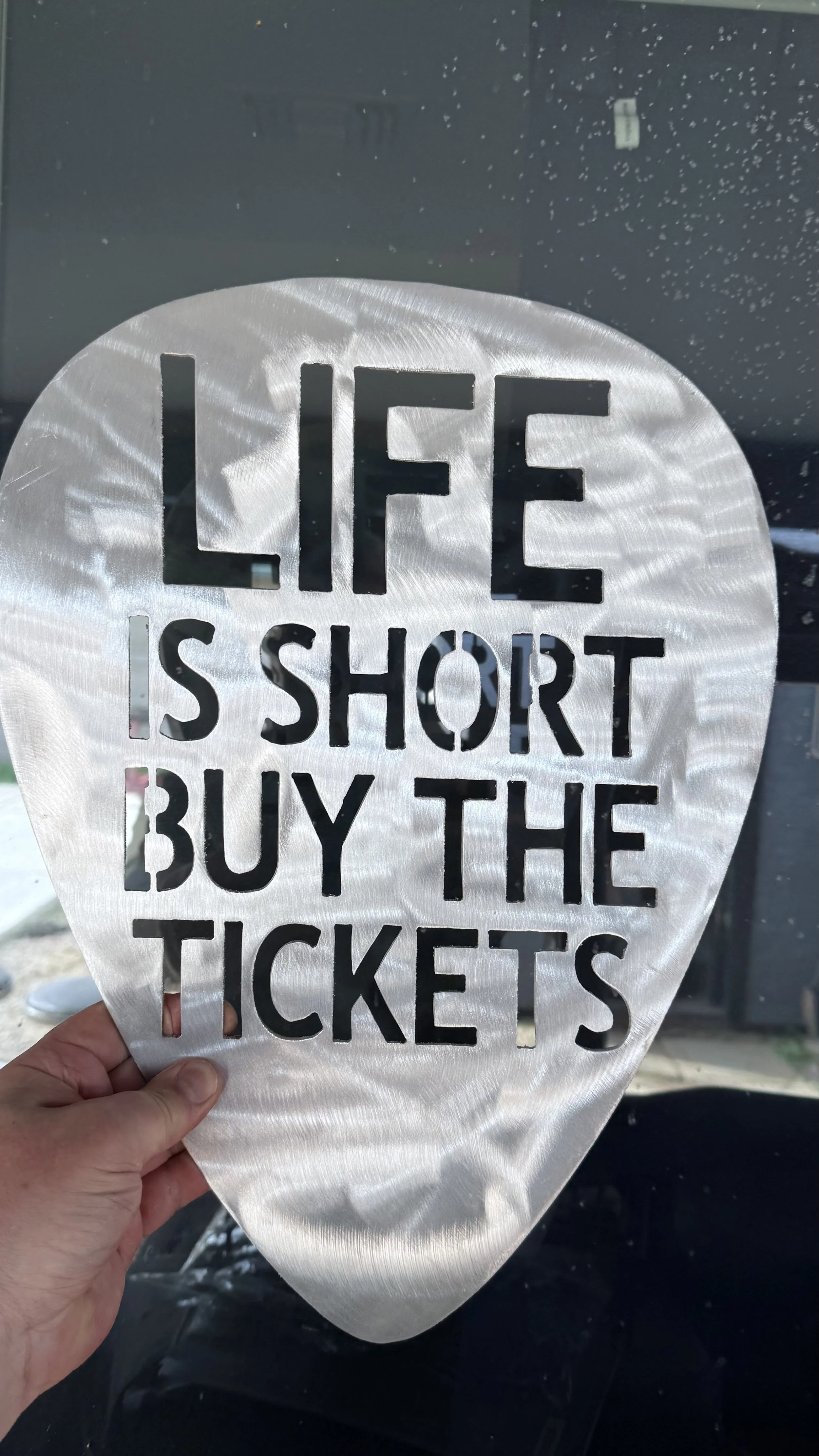 A metallic sign with cut-out letters that reads, "LIFE IS SHORT BUY THE TICKETS." The sign is held by a person's hand, and there is a dark background with small white specks, likely snow, and a faint reflection of a building or window.