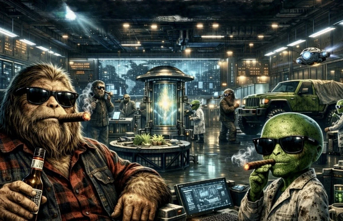A futuristic scene with anthropomorphic animals and aliens working in a high-tech environment. Two main characters, a lion and an alien, wear sunglasses and smoke cigars, holding drinks. The background includes advanced technology, a spaceship, stick