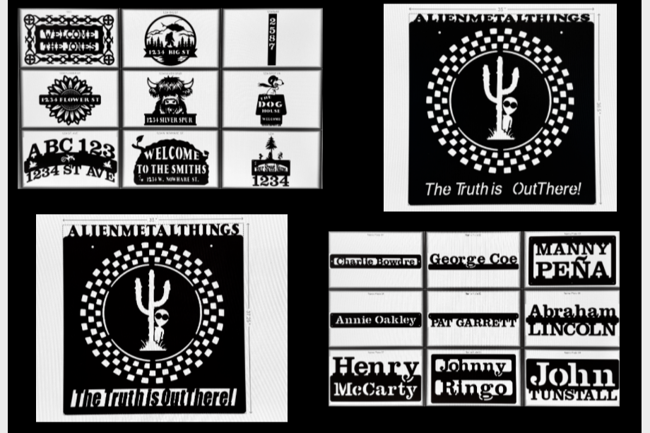 A collage of black and white images including patches with various symbols, logos, and text such as 'Welcome to the Smiths' and 'Alien Metal Things' featuring a skull with a cactus and an alien face, along with a list of names.