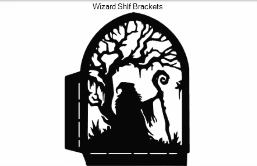Silhouette of a wizard with a staff, standing in front of a tree, seen through a window labeled Wizard Shelf Brackets.
