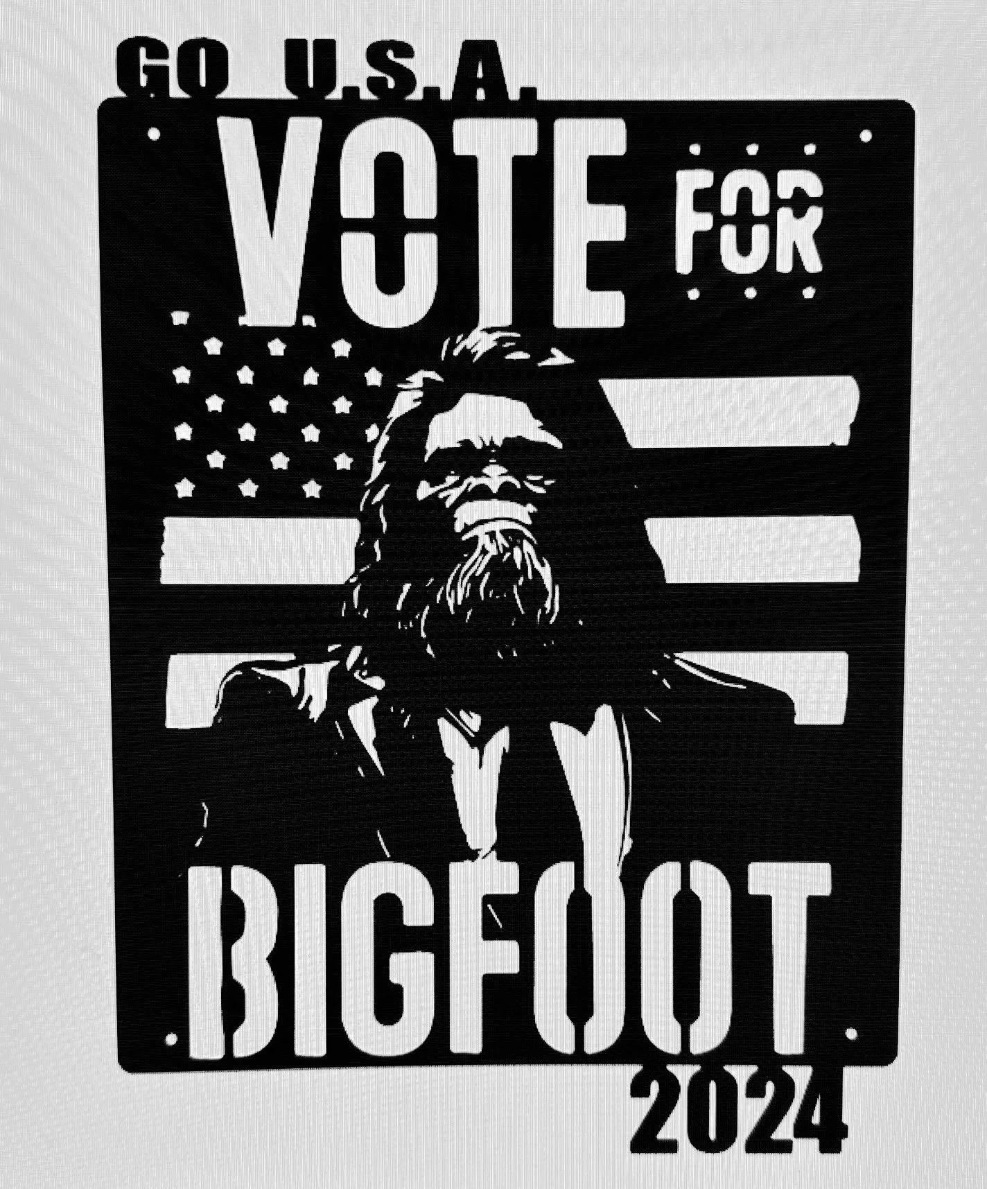 A stencil-style black and white poster with a woman raising her fist, with an American flag in the background. The text reads, 'Go U.S.A. Vote for Right or Revolt 2024.'