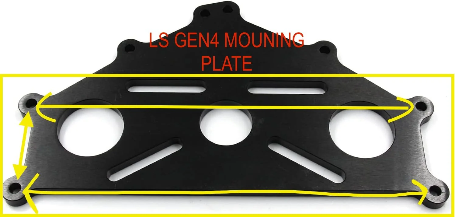 Black metal mounting plate labeled 'LS GEN4 MOUNTING PLATE' with yellow arrows and lines indicating its dimensions.