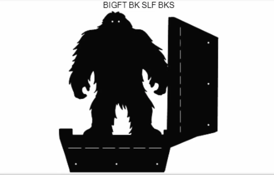 Silhouette of a large, furry monster inside a box, with the words 'BIGFT BK SLF BKS' above.
