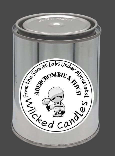A cylindrical candle container with a gray lid, featuring a white label that reads 'From the Secret Labs Under Alienworld' and 'Abercrombie & Fitch' with an illustrated character holding a camera.