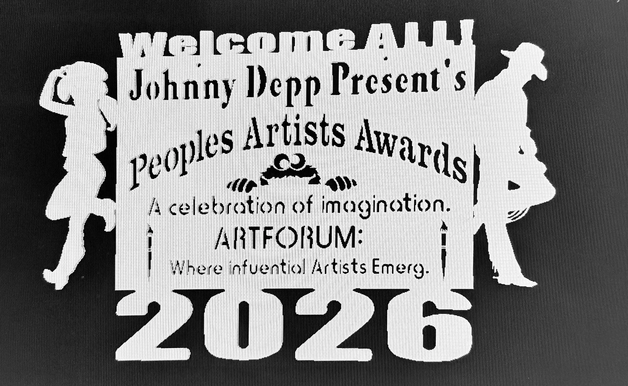 A black-and-white image featuring a cutout of two children, a boy and a girl, holding a large award certificate with text welcoming attendees to Johnny Depp Presents People's Artists Awards, 2020, with decorative elements.