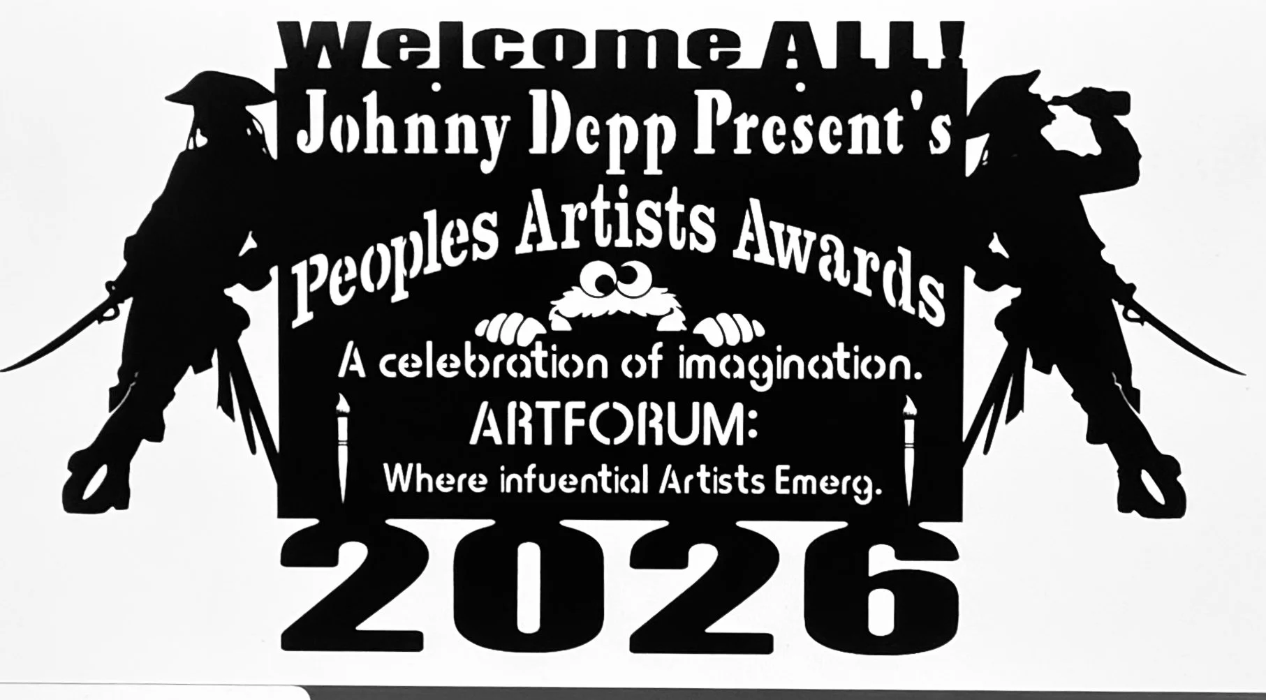 Silhouettes of two armored knights with swords, centered around a banner with the text 'Welcome All! Johnny Depp Present's People's Artists Awards, A celebration of imagination. ARTFORUM: Where influential Artists Emerge. 2026.'