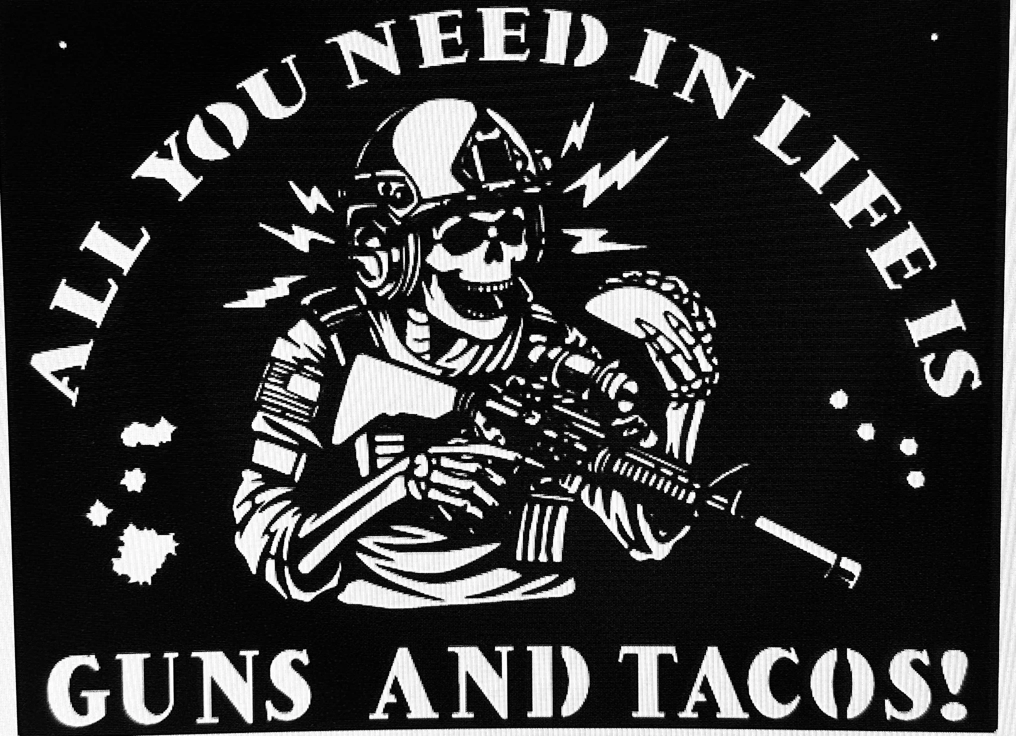 A black and white illustration of a skull wearing a helmet, with a skeleton side profile, surrounded by lightning bolts and stars. Text around the image reads 'LEADING YOU IN NEED IN THE GUNS AND TACTICS'.