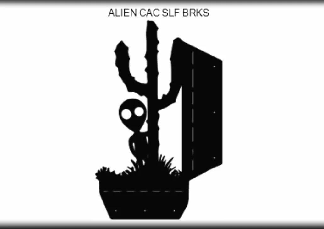 Silhouette of an alien with large eyes, standing behind a cactus, in a pot, next to a door with the text 'ALIEN CAC SLF BRKS' at the top.