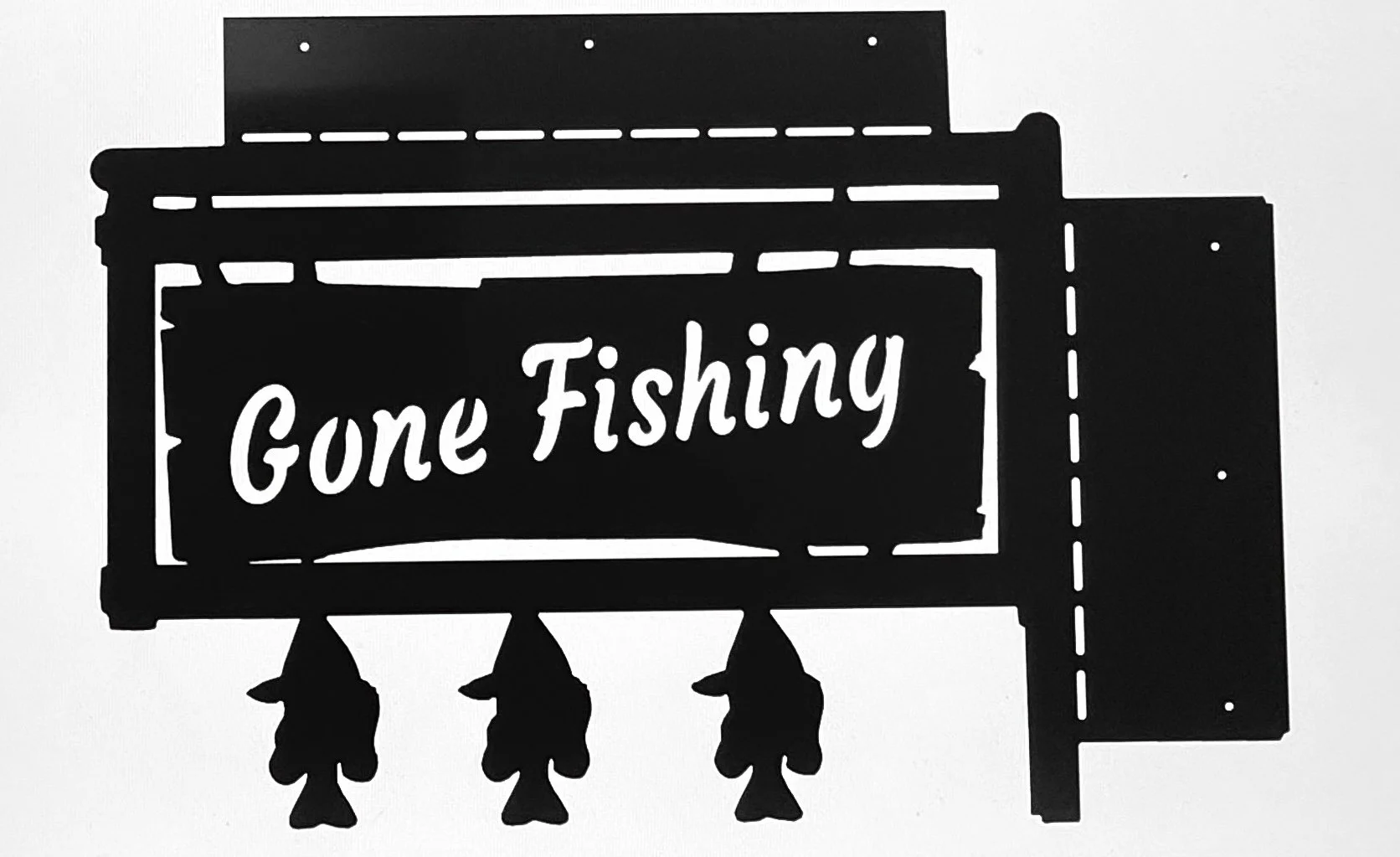 Silhouette of a fishing sign with the words 'Gone Fishing' and three fish hanging from hooks.