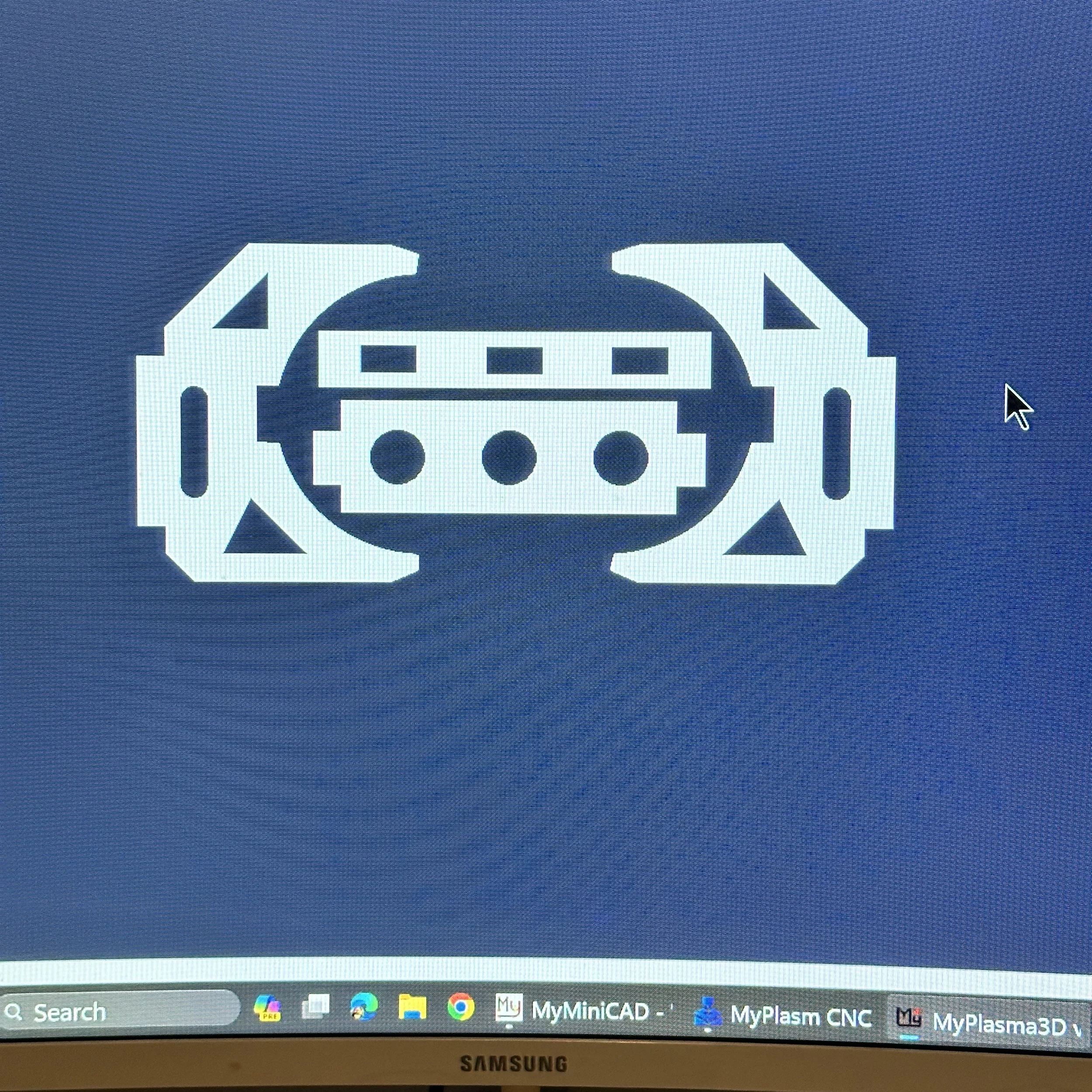 Computer screen showing a digital image of a white 3D printer icon on a dark blue background.