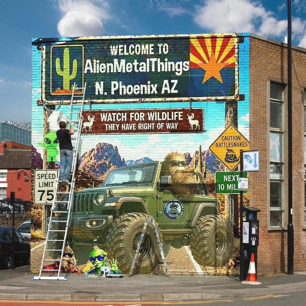 Colorful mural depicting a desert landscape with mountains and cacti, a green off-road vehicle with a lion costume, and several cartoon aliens and animals. Signage includes welcome message for AlienMetalThings in North Phoenix, AZ, and warnings about wildlife and rattlesnakes.