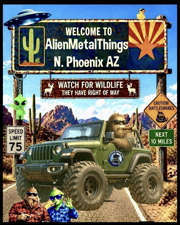 A cartoon scene in Arizona featuring a giant off-road vehicle with a lion and an alien inside. The background shows desert mountains and a clear sky. Signs indicate a wildlife watch, a speed limit of 75 mph, a caution about rattlesnakes, and a note of the next 10 miles, with a welcome sign for AlienMetalThings in North Phoenix, AZ.