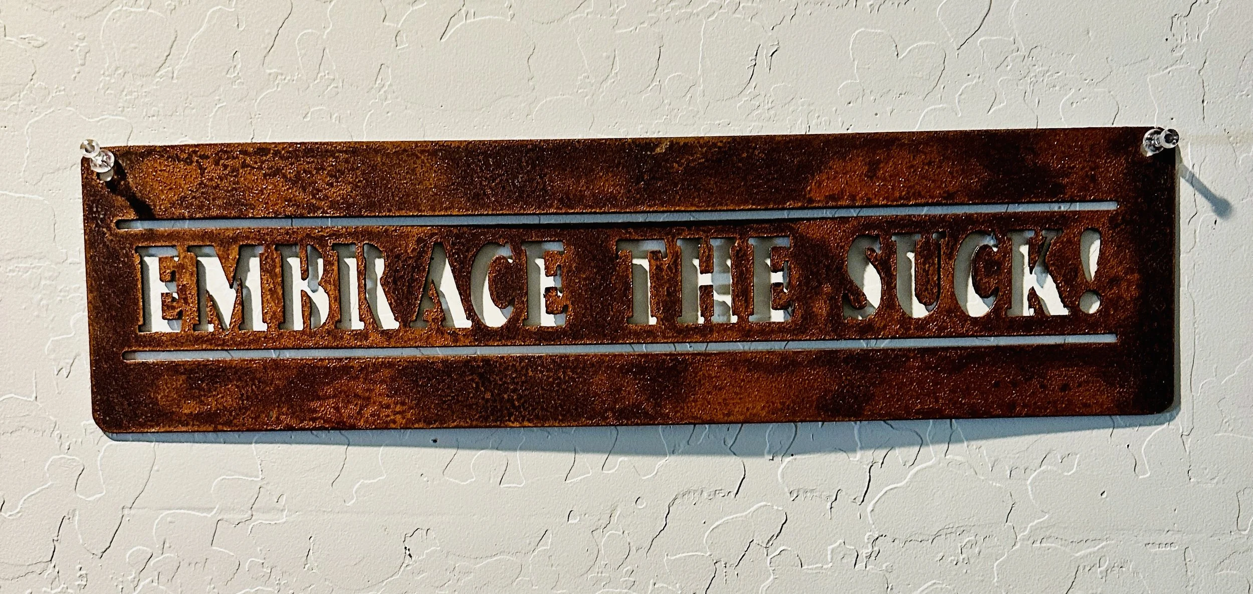 Rusty metal sign with cut-out letters reading "EMBRACE THE SUCKS!" mounted on a white textured wall.