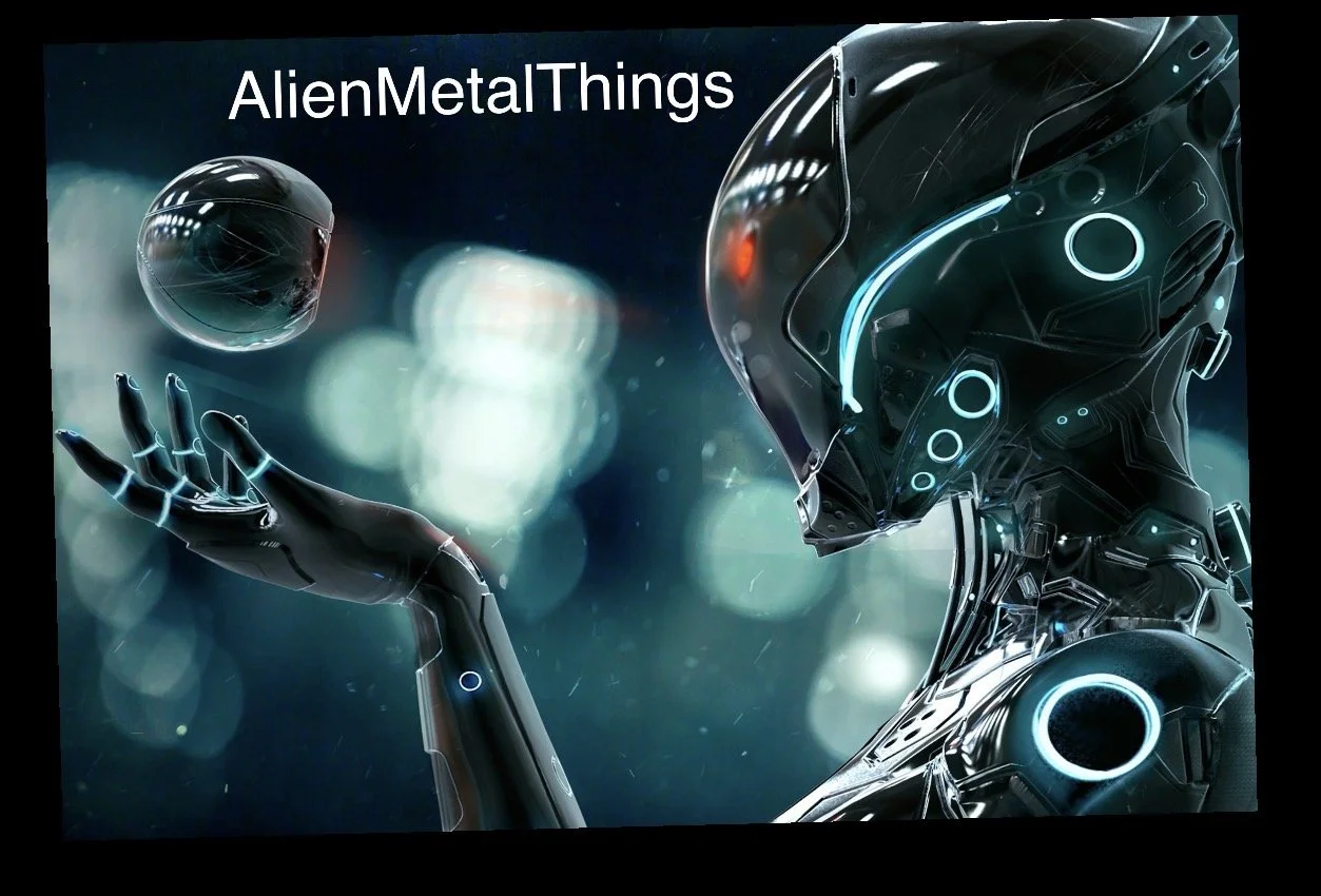 A futuristic humanoid robot holding a metallic sphere in its hand, with the text 'AlienMetalThings' at the top. The robot has a sleek, black and blue glowing design.