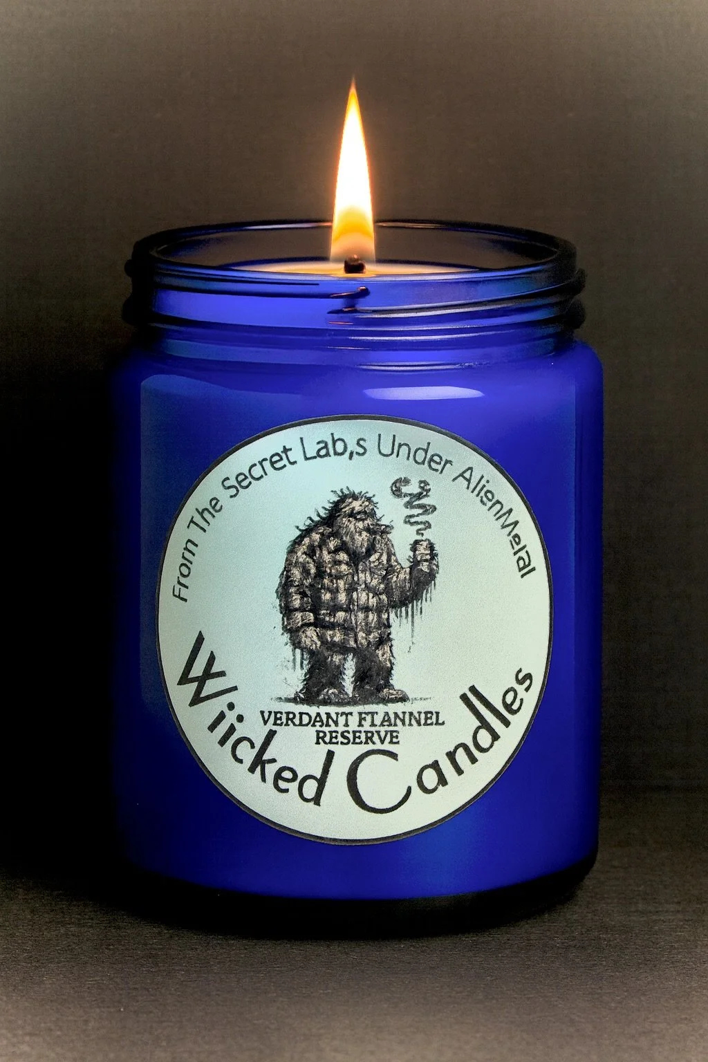 Blue jar candle with a lit wick, labeled 'Wicked Candles' and featuring a drawing of a furry creature holding a smoking pipe.