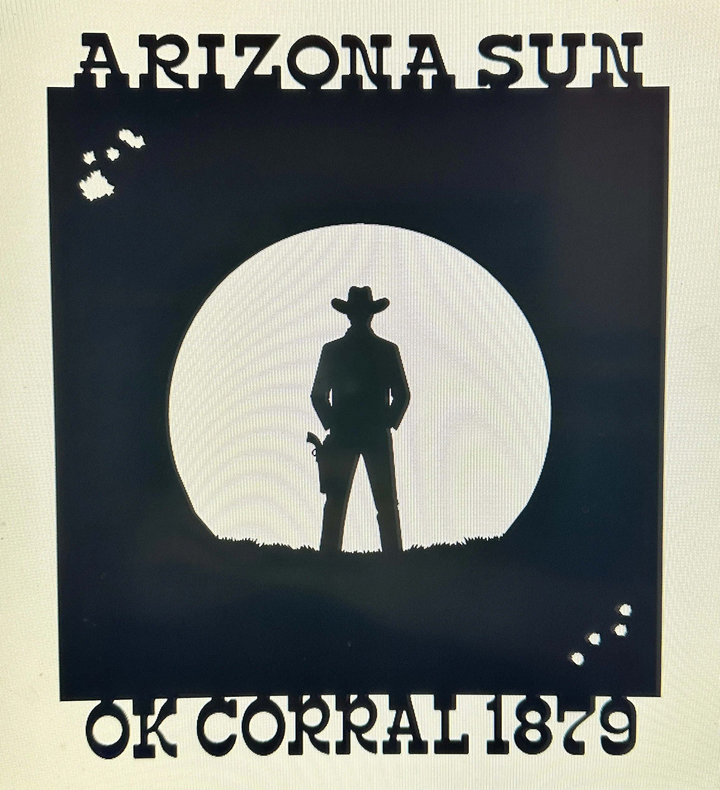 Black and white image of a barcode with the text 'ARIZONA SUN' at the top and an image of a person in a cowboy hat at the center, with numbers and letters below.