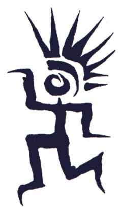 Stylized abstract figure resembling a human with spiky hair and a single eye, depicted in a dark, minimalist style.