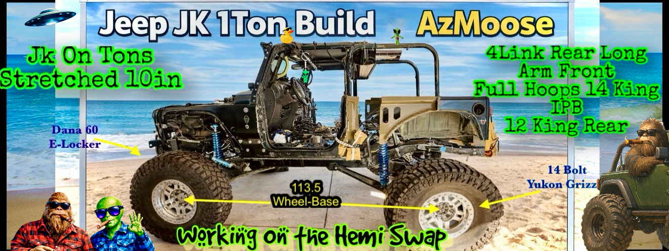 A modified Jeep JK 1-Ton Build named AzMoose displayed on a beach background. The vehicle has large tires, a lifted suspension, and various custom parts labeled with specifications, including wheel-base, shocks, and axles. Text overlays describe the 