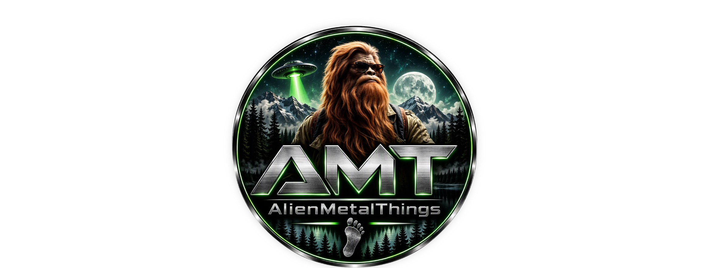 Logo for AlienMetaThings featuring a lion with sunglasses, mountains, full moon, UFO, and forest background, with glowing green and silver accents.