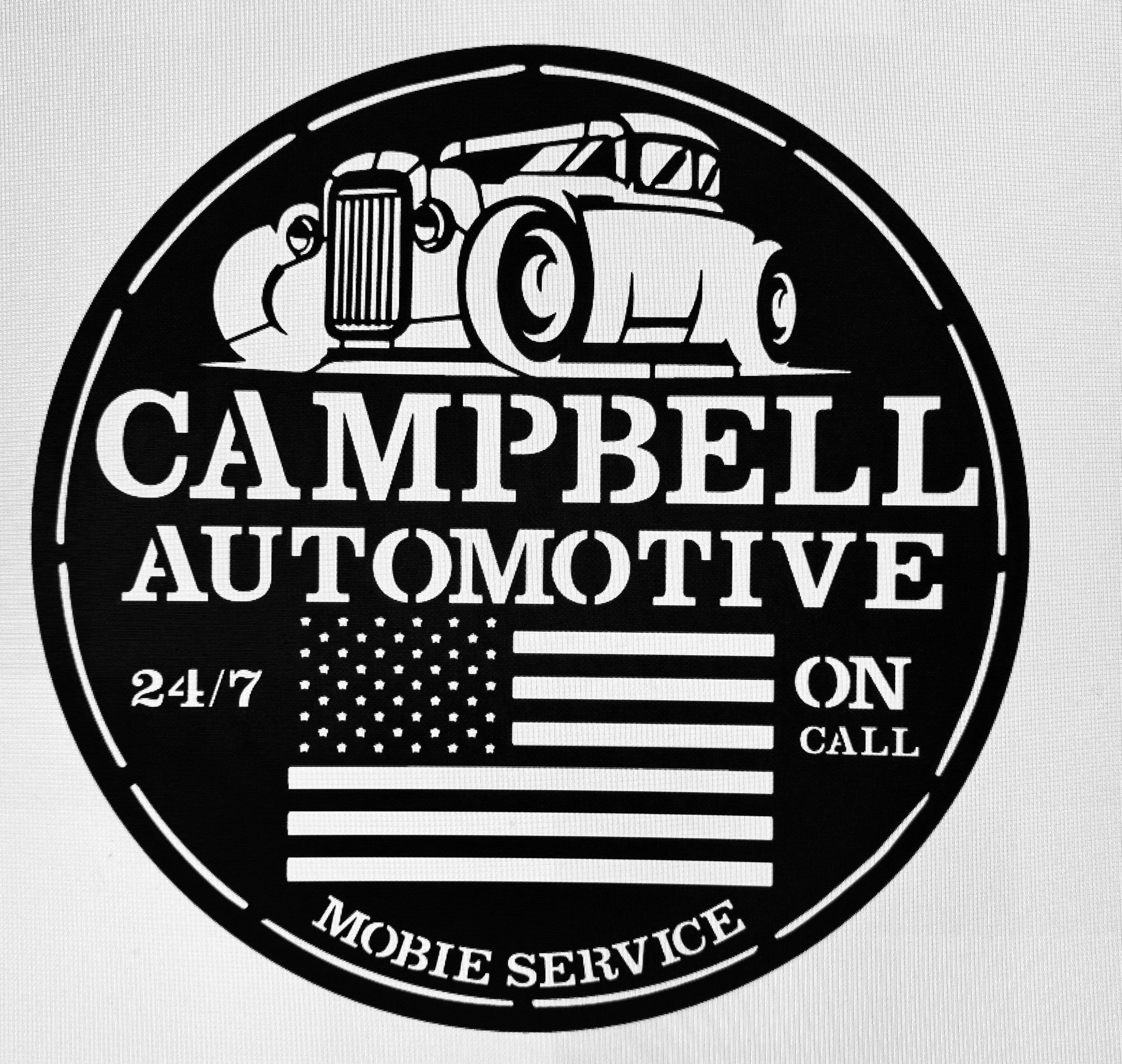 A circular badge with the phrase 'Car Maintenance' at the top, a vintage car illustration in the center, and additional text indicating 24/7 service and contact information around the edge.