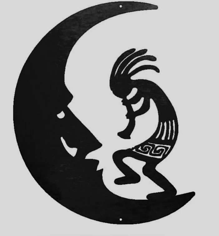 Silhouette of a crescent moon with a face, holding a figure with traditional Polynesian-style patterns.