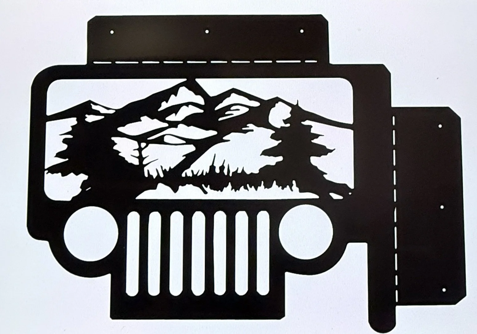 Black silhouette of a Jeep with a mountain landscape scene inside it, including trees and mountains.