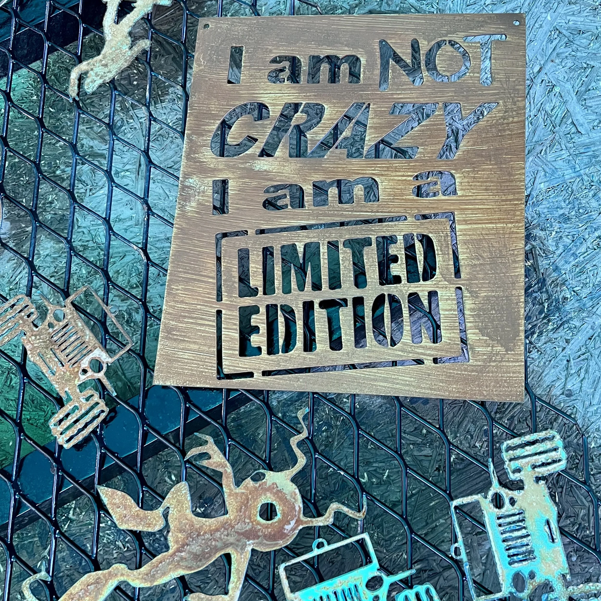 A metal sign with the message 'I am NOT CRAZY I am just high on a different level' cut out of it, placed on a dirty blue chain-link fence with some other metal objects around.
