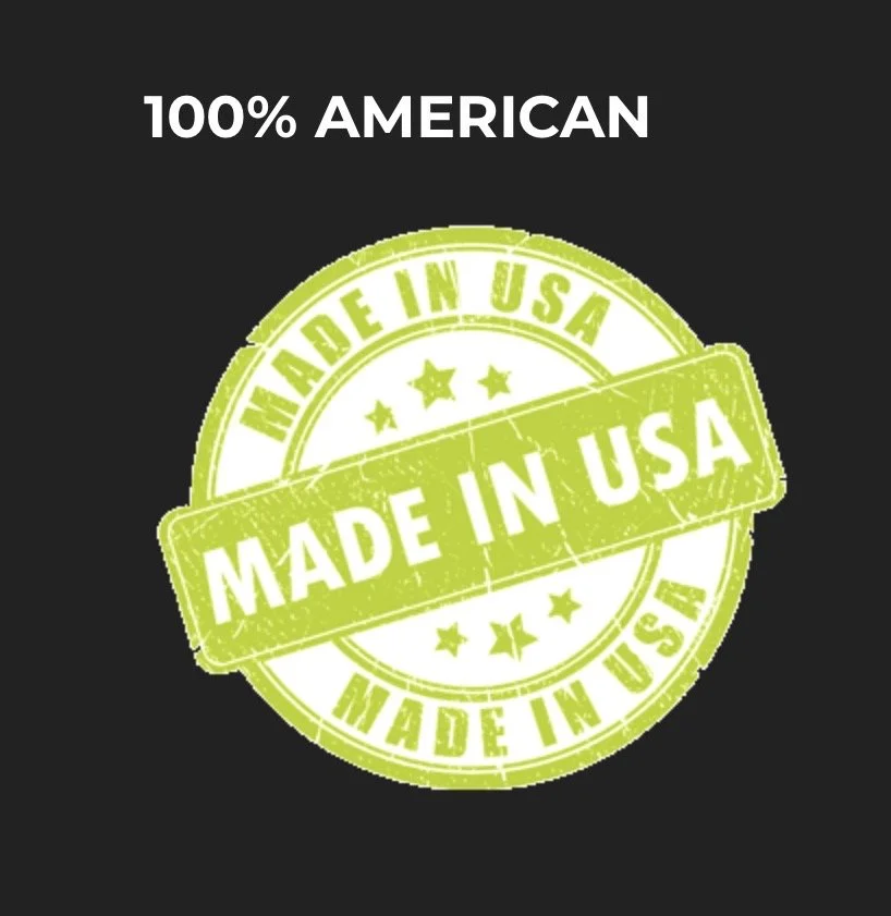 Black background with white text at the top saying "100% American". A green circular stamp in the center reads "Made in USA" repeatedly around the circle, with a green banner slogan "Made in USA" across the middle.