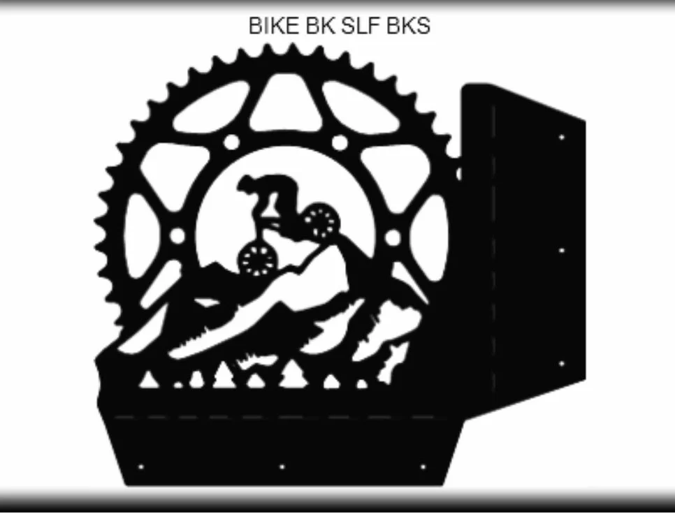 Silhouette of a bicycle gear with a mountain biking scene inside, including a rider on a trail, a clock, and a mountain backdrop, with the text 'BIKE BK SLF BKS' at the top.