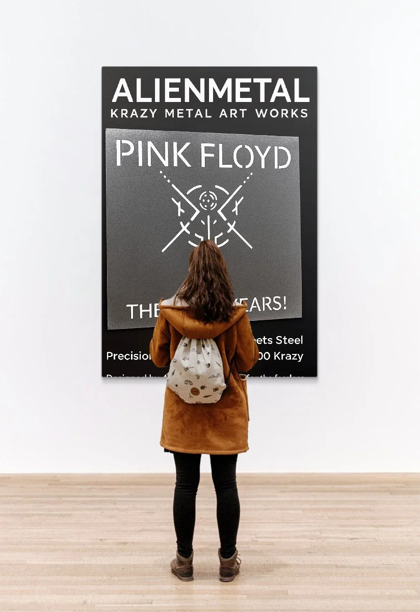 A woman looking at a poster for an art exhibition about Pink Floyd, featuring a metallic artwork titled 'ALIENMETAL' and a stylized graphic resembling the band's iconic prism logo. The poster is mounted on a white gallery wall.