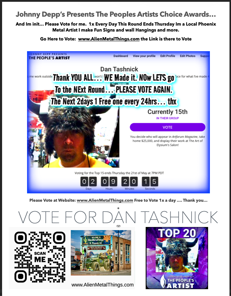 A digital promotional poster for Johnny Depp's People’s Artist Award voting campaign, featuring a photo of a man with a furry hat, a countdown timer showing days, hours, minutes, and seconds, and QR codes. The poster encourages viewers to vote online