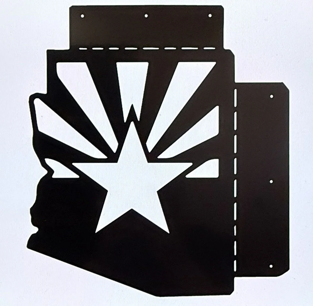 Silhouette of a police badge with a star in the center and a parade float with a star and rays emanating from it.
