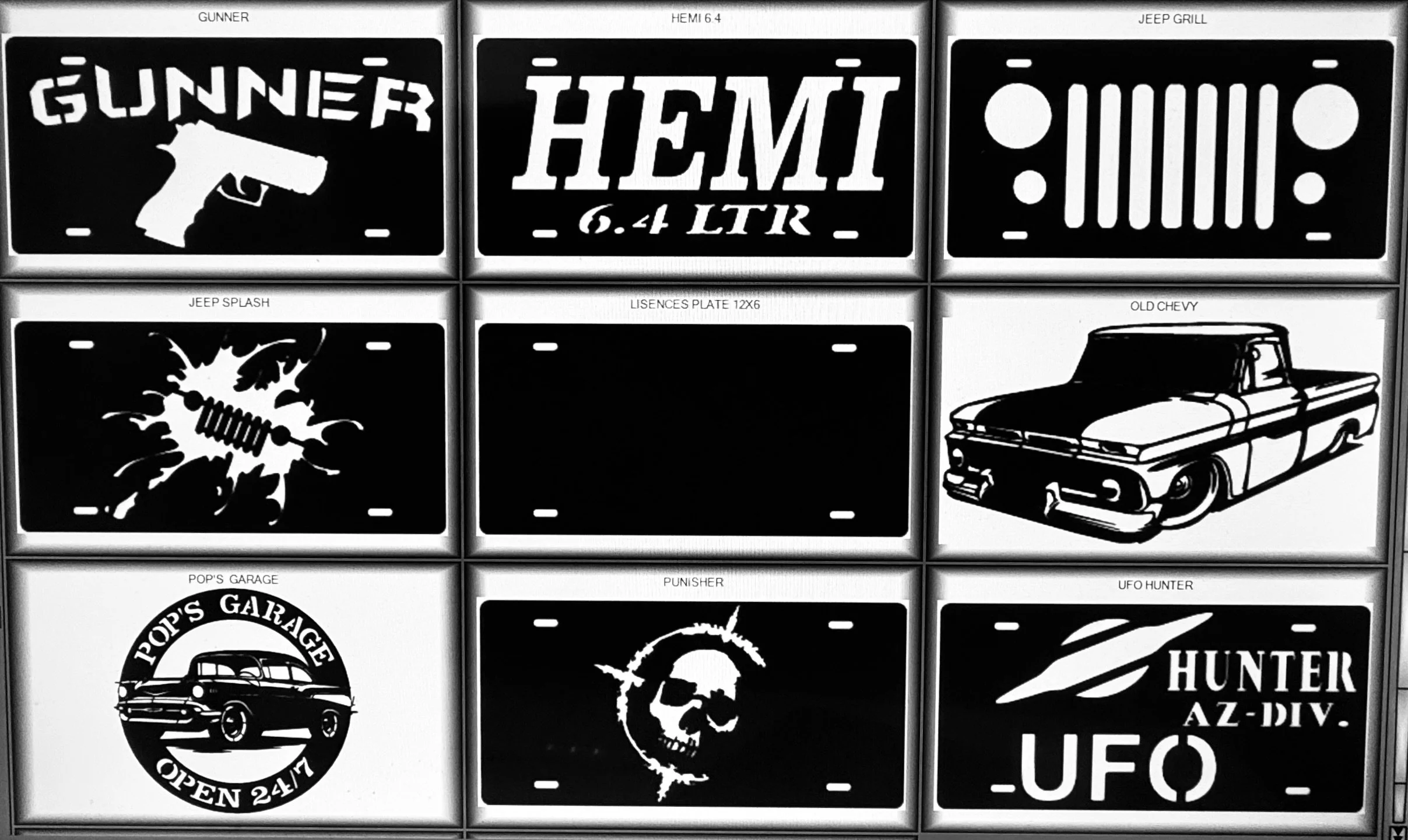 Collection of black and white vehicle-themed stickers, including a gun with the text "GUNNER," a Jeep grille with the text "HEMI 6.4 LTR," a sparking gun, a vintage truck with the text "POP'S GARAGE," a skull with a bullet hole, and a UFO with the te