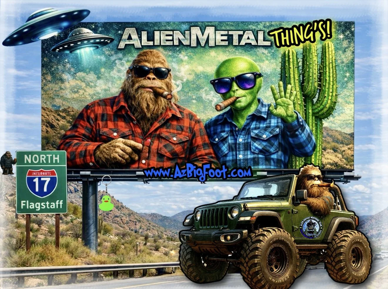 Billboard featuring cartoon aliens with cigars wearing sunglasses in a desert landscape, with a jeep driving by and a roadside sign for Flagstaff, Arizona. UFOs are flying above.
