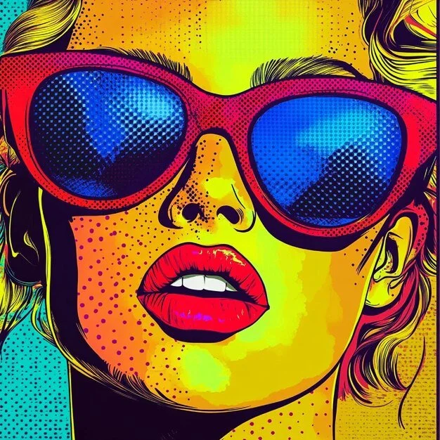 A pop art style illustration of a woman wearing large blue sunglasses, with red lips slightly parted, bright yellow skin, and flowing blonde hair.