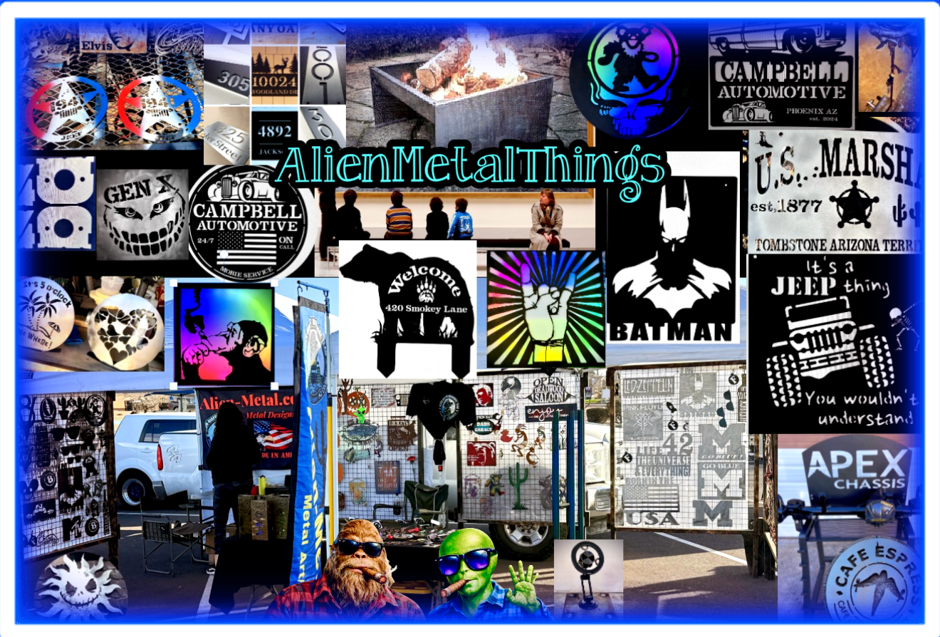 A collage of various metal art and sign designs at an outdoor market, including logos, characters, and animals, with a woman and a Green Alien cosplay figure in the foreground.