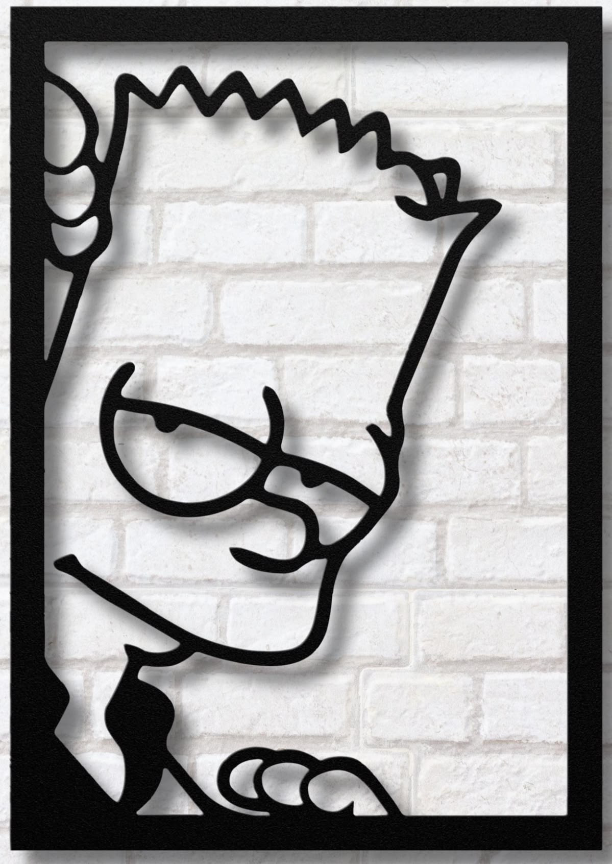 Black metal wall art of a person's face with glasses and curly hair, mounted on a light-colored brick wall.